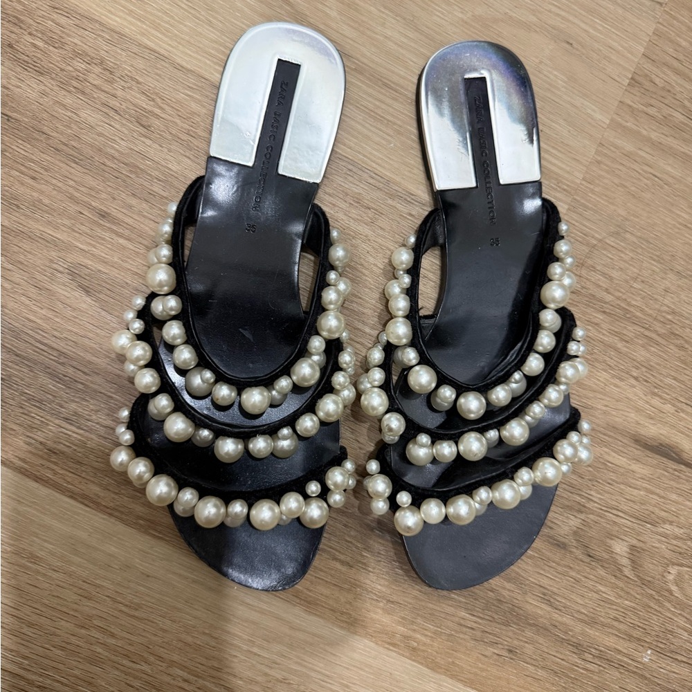 Zara Black Sandals with Pearl Embellishments